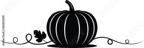 Silhouette of a plump pumpkin with a curling vine and leaf on a white background