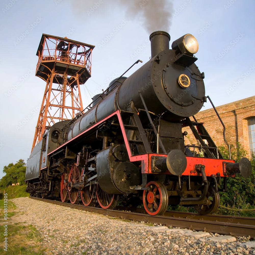Fototapeta premium Vintage steam train with a water tower creating a captivating historical scene