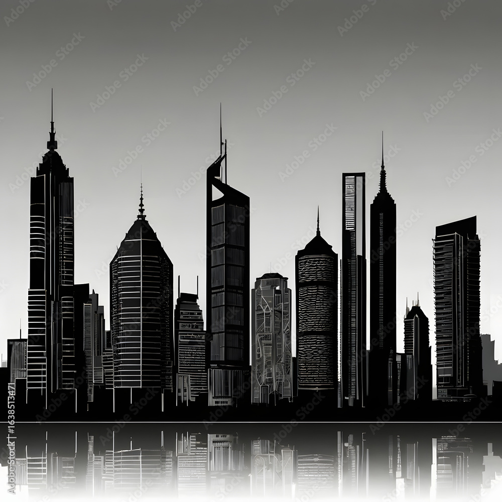 Obraz premium Black and White Modern City Skyline Silhouette