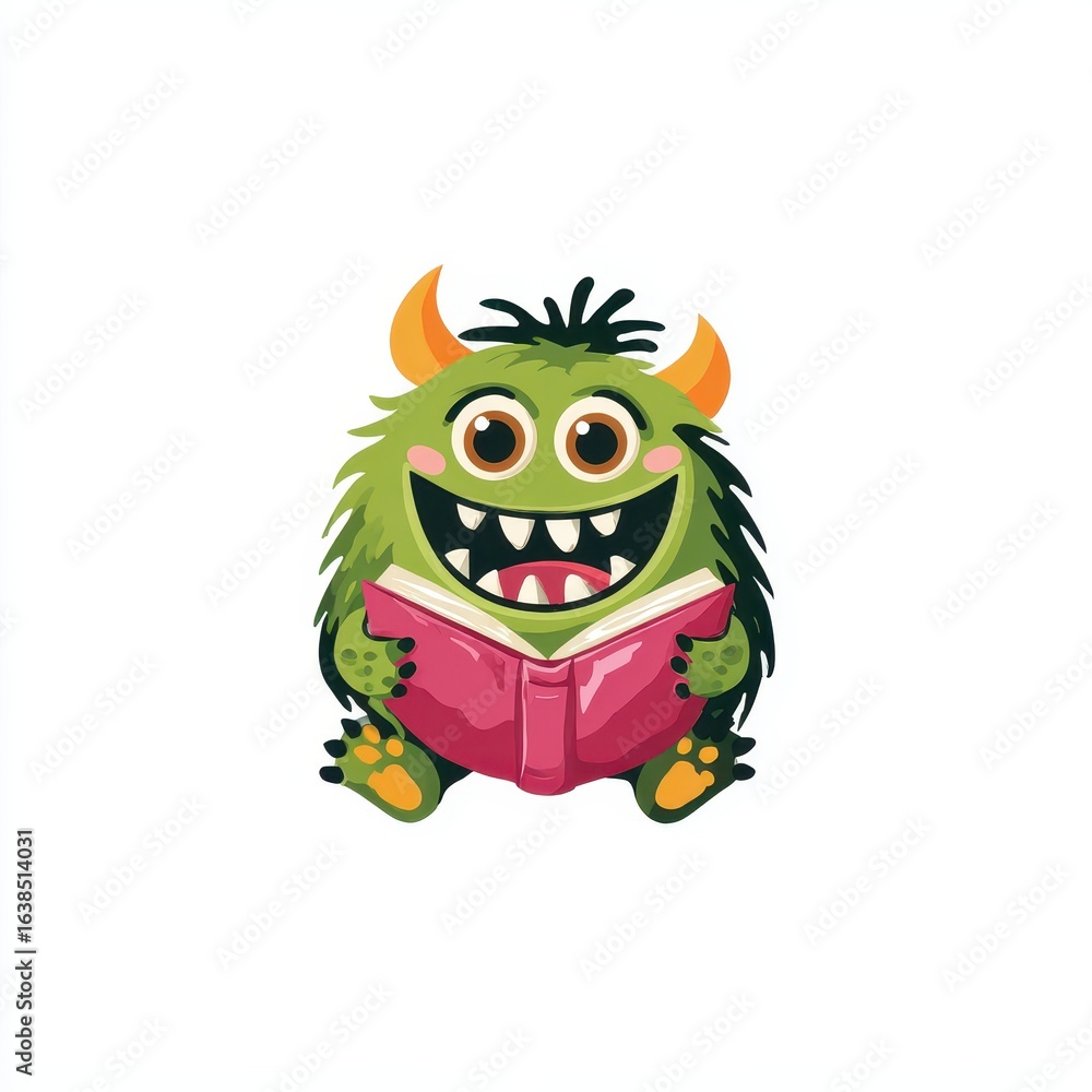 Fototapeta premium Happy monster reading book, playful illustration