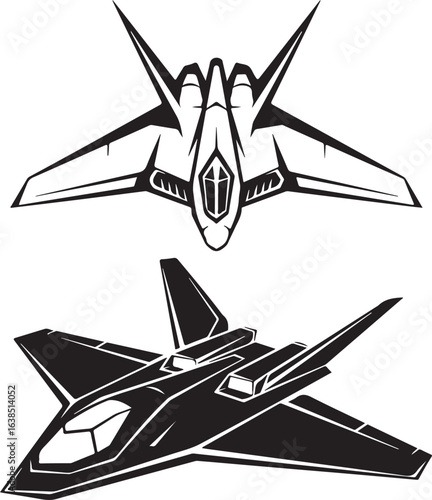 Black and white vector illustration of futuristic aircraft.