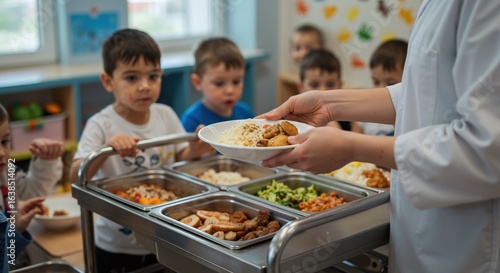 Woman in white coat serves plate of food from canteen cart to children at preschool table, trays with varied meals. School lunch, childhood, nutrition, wellness product, education, catering