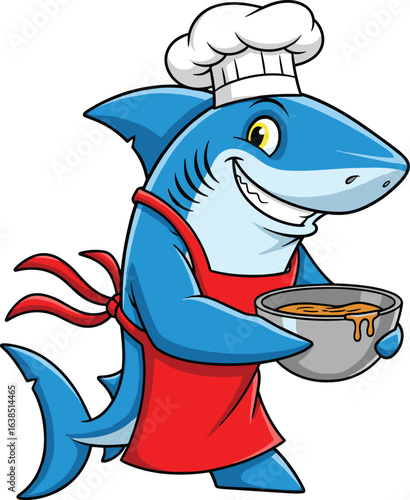 Cartoon Shark Chef — Smiling Blue Shark Wearing White Hat and Red Apron, Holding Mixing Bowl with Batter on White Background