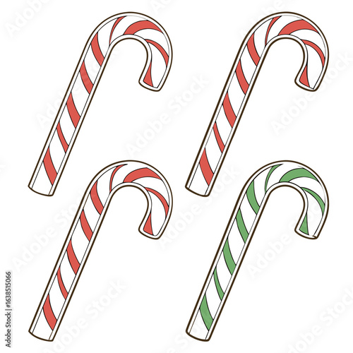 Four candy canes with red and green stripes on white background