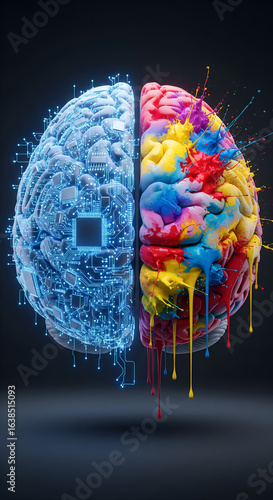 A conceptual image of the human brain, showing the contrast between the logical left hemisphere of blue circuits and the creative right hemisphere of colorful art.
