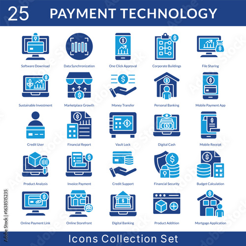 Payment Technology icon set collection in solid glyph style. an icon pack contain corporate buildings, file sharing, sustainable investment, marketplace growth, money transfer, personal bankin