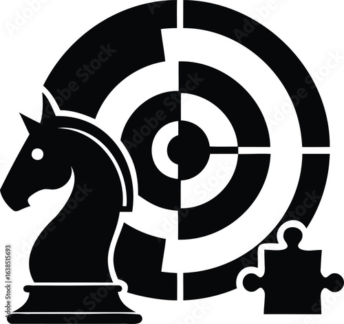 Vector art of chess knight and target with puzzle piece isolated on white background, symbolizing strategic problemsolving, goaloriented planning, and achieving business success