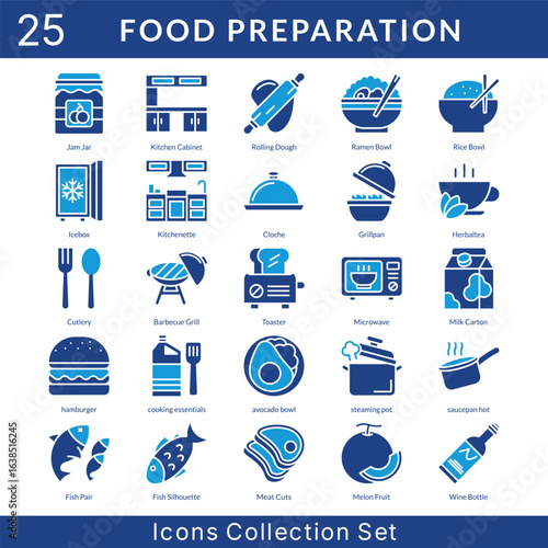 Food Preparation icon set collection in solid glyph style. an icon pack contain icebox, kitchenette, cloche, grillpan, herbaltea, cutlery, barbecue grill, toaster, microwave