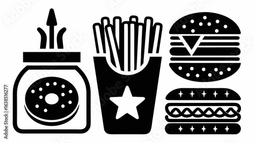 Black and white vector illustration of a fast food combo with burger fries hotdog and sauce bottle | editable eps vectors silhouette
