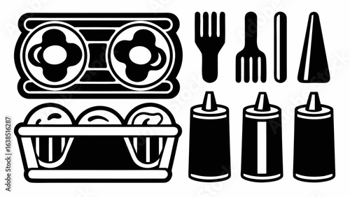 Black and white illustration of a food tray with eggs, forks, and condiment bottles for a restaurant | editable eps vectors silhouette