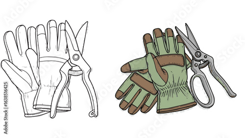 Gardening Gloves and Shears, Vector Illustration