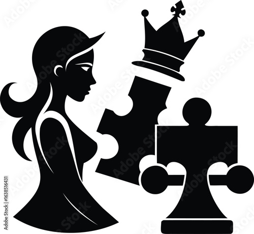 Vector art of a virgo zodiac sign with a woman, puzzle pieces, and a crown, representing astrology, femininity, and mystery isolated on white background, perfect for horoscopes