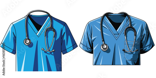 Blue Medical Scrubs with Stethoscope, Vector Illustration