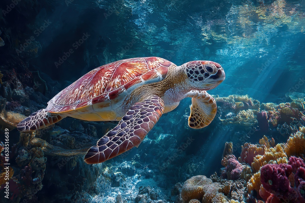Fototapeta premium Majestic sea turtle glides gracefully through vibrant coral reef in crystal-clear waters during a sunny afternoon