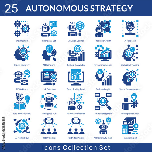 Autonomous Strategy icon set collection in solid glyph style. an icon pack contain business growth bot, performance metrics, strategic AI thinking, AI workforce, risk detection