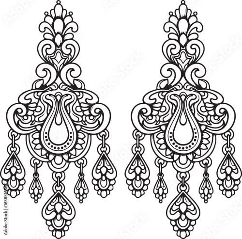 Elegant chandelier earrings illustration, black and white vector design