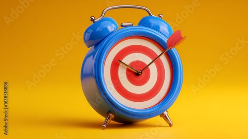 Wallpaper Mural Alarm Clock with Target, Arrow, Hits Center, Represents Time Management, Yellow Background. Torontodigital.ca