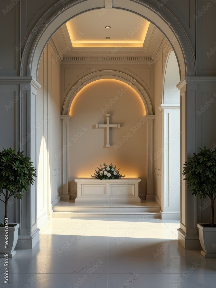 Fototapeta premium A peaceful church altar with a cross and candles in a softly illuminated chapel space.