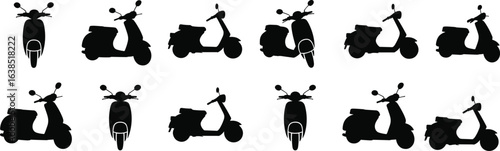 Scooter silhouette collection, black vector scooters, front view, side view, angled perspective, urban transport design, handlebars, wheels, seat details, isolated background, motor vehicle art.
