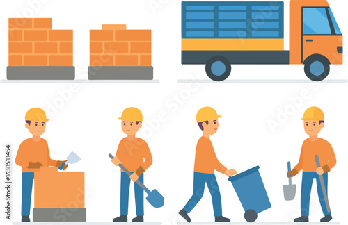 Trash utility, disposal and recycling concept. Waste collector worker wearing uniform pushing a trash bin to garbage truck. Vector illustration. 
