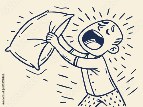Energetic child having a pillow fight, vector illustration, playful bedroom scene