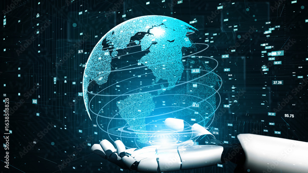 Obraz premium A robotic hand cradles a glowing digital globe, symbolizing innovation and global connectivity in a technology-infused environment. Perfect for tech-related projects. Xenic