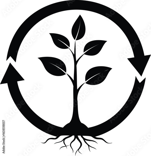 Illustration of a plant with leaves and roots inside a circle with arrows, representing growth, cycle, and renewal isolated on white background