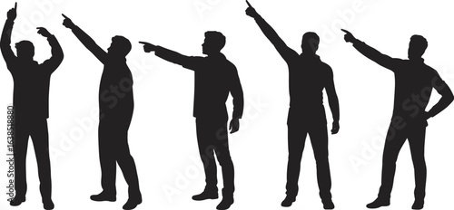 Pointing people silhouettes, standing poses, gesture illustration, black vector figures, body language concept, direction signs, communication design, posture study, isolated white background.