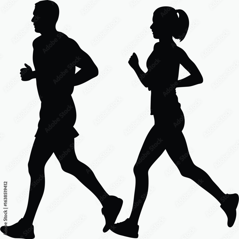 Obraz premium Silhouetted Runners in Motion A Dynamic Depiction of Fitness and Healthy Lifestyles in Striking Black and White