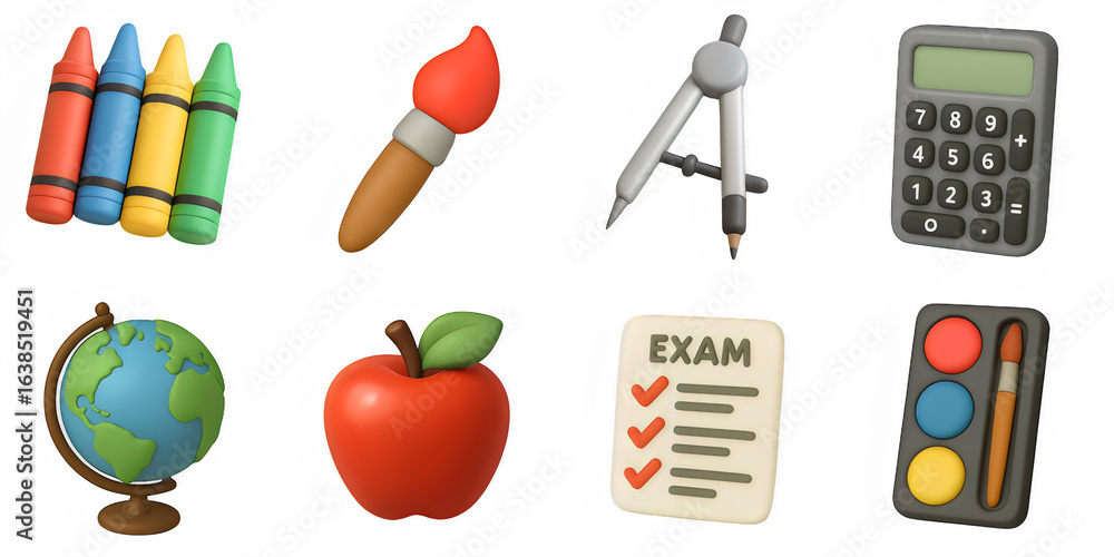 Fototapeta premium 3d Icons set for back to school, Crayons, Paintbrush, Compass, Calculator, Globe, Apple, Exam checklist, Paint palette
