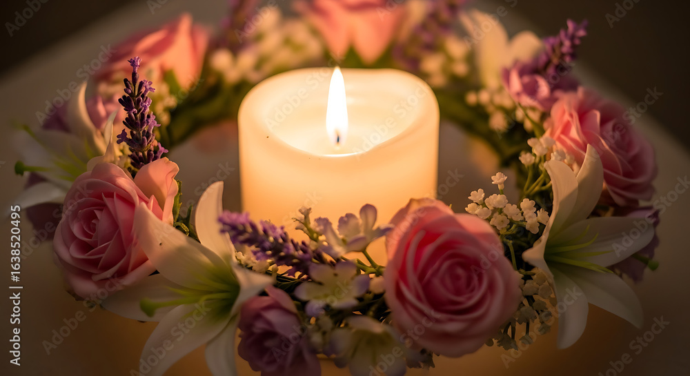 Obraz premium A lit candle surrounded by a wreath of pink roses, white lilies, and purple lavender flowers ai generated