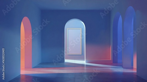 Arched hallways bathed in color with picture frame inside minimalist structure