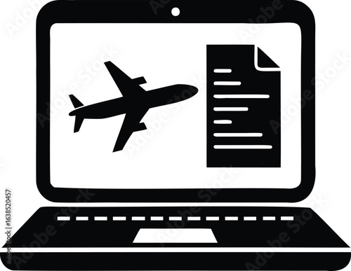 Illustration of a laptop displaying an airplane and document, representing online flight booking, travel planning, and digital ticketing, isolated on white background