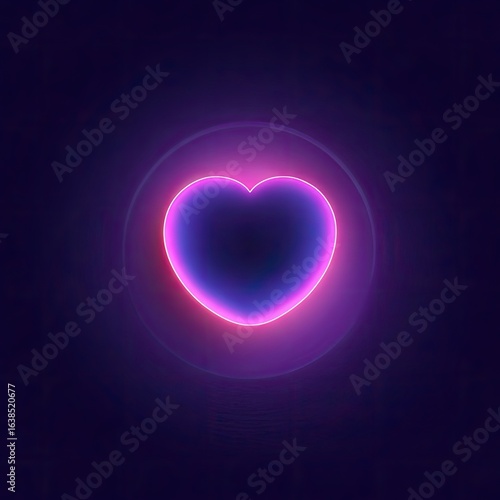 Neon heart in a halo.  A glowing,  pink-purple heart, outlined in a soft,  neon pink,  is centered in a dark background. A subtle,  light-pink circle surrounds the heart, creating a halo effect