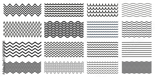 Waves line set. Wave ornament pattern. Set of wavy zigzag lines. Wave thin line background. Vector zigzag and wavy horizontal underline. Vector illustration 