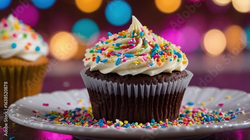 A delicious chocolate cupcake topped with frosting and colorful sprinkles on a decorative plate.