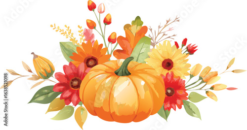 Autumn still life with pumpkin and colorful fall leaves celebrating the harvest season