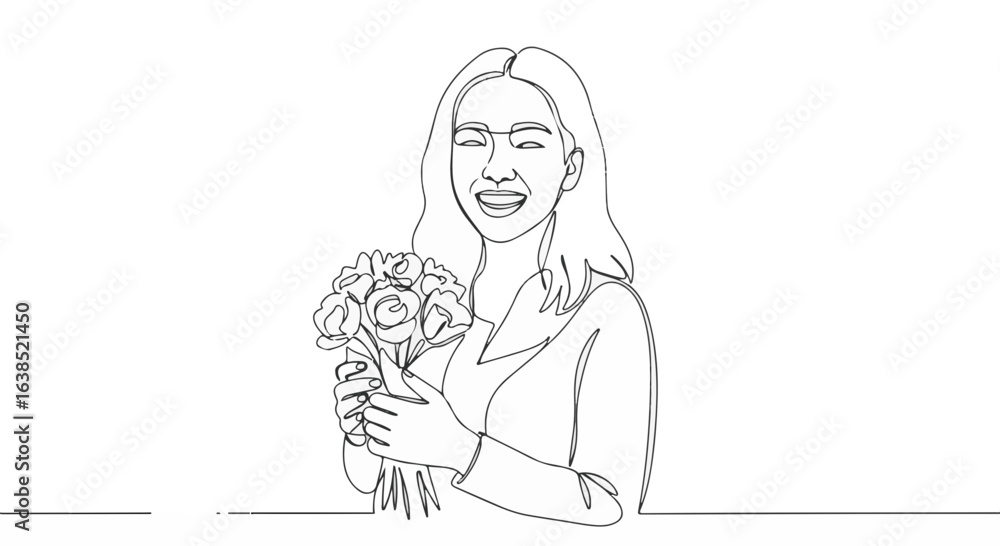 Obraz premium Minimalist continuous line drawing of woman smiling with floral gift