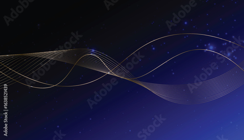 Abstract background with golden wavy lines and sparkling and blue bubbles light particles vector illustration on gradient background.