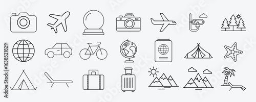 Summer Travel and Vacation Line Art Icon Set with Airplane, Beach, and Adventure Symbols