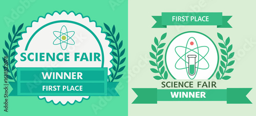 Science Fair Winner Badges with Atom Symbols, Laurel Wreaths, and Banners for Educational Achievement and School Event Branding