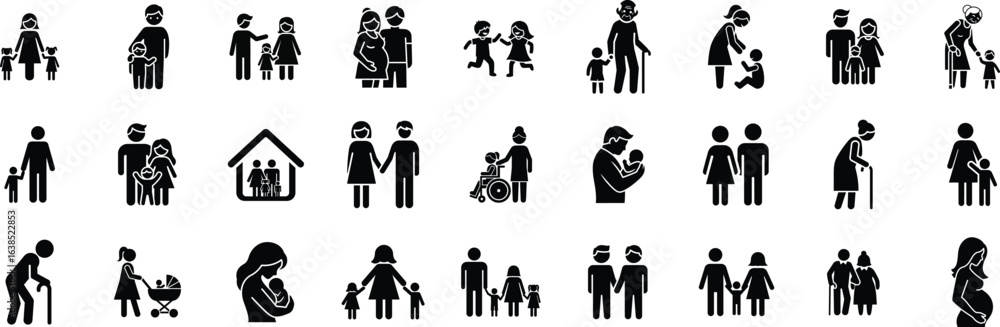 Obraz premium Family, relationship icon set. Vector glyph pictograms of couple, parent, child, elderly people, pregnancy, parenting, community, single mother, social care black silhouette illustration.