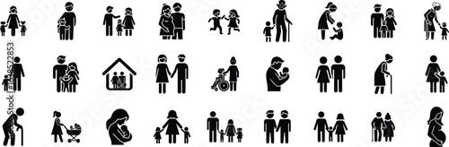 Family, relationship icon set. Vector glyph pictograms of couple, parent, child, elderly people, pregnancy, parenting, community, single mother, social care black silhouette illustration.