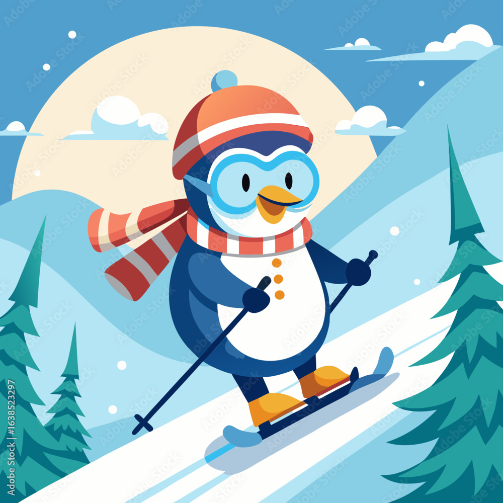 Fototapeta premium Cute cartoon penguin wearing a hat and scarf skiing down a snowy mountain slope