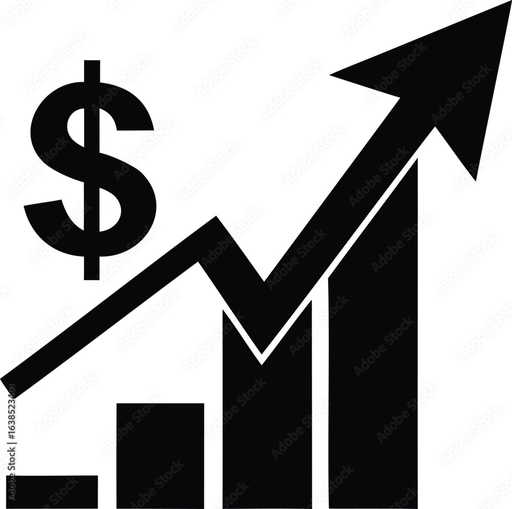 Vector art of a black and white illustration of a dollar sign with an upward trending chart, symbolizing financial growth and success isolated on white background Vector art of a black and white illustration of a dollar sign with an upward trending chart, symbolizing financial growth and success isolated on white background