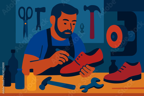 Vector outline of traditional craftsmanship depicting a shoemaker or cobbler hand-stitching leather shoes at a workshop workbench in a line art illustration