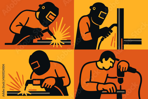 Vector Art of a Welder Silhouette: Worker, Protective Gear, Sparks, Welding