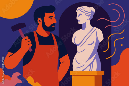 Flat graphic vector illustration of a craftsman in an apron, sculpting with a hammer and chisel in a workshop, creating a stone statue, isolated on a white background