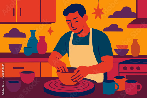 A bearded artisan carefully crafts clay into various forms on a rotating pottery wheel, enveloped by his finished pieces within a warm and intimate studio space