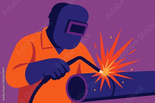 A welder wearing protective gear is welding a steel pipe at work